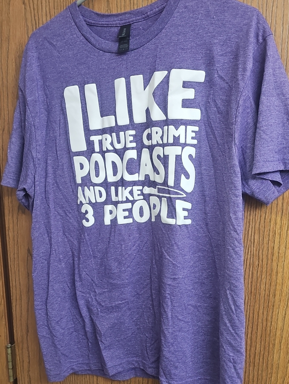 Gildan Purple Tee with White True Crime Graphic